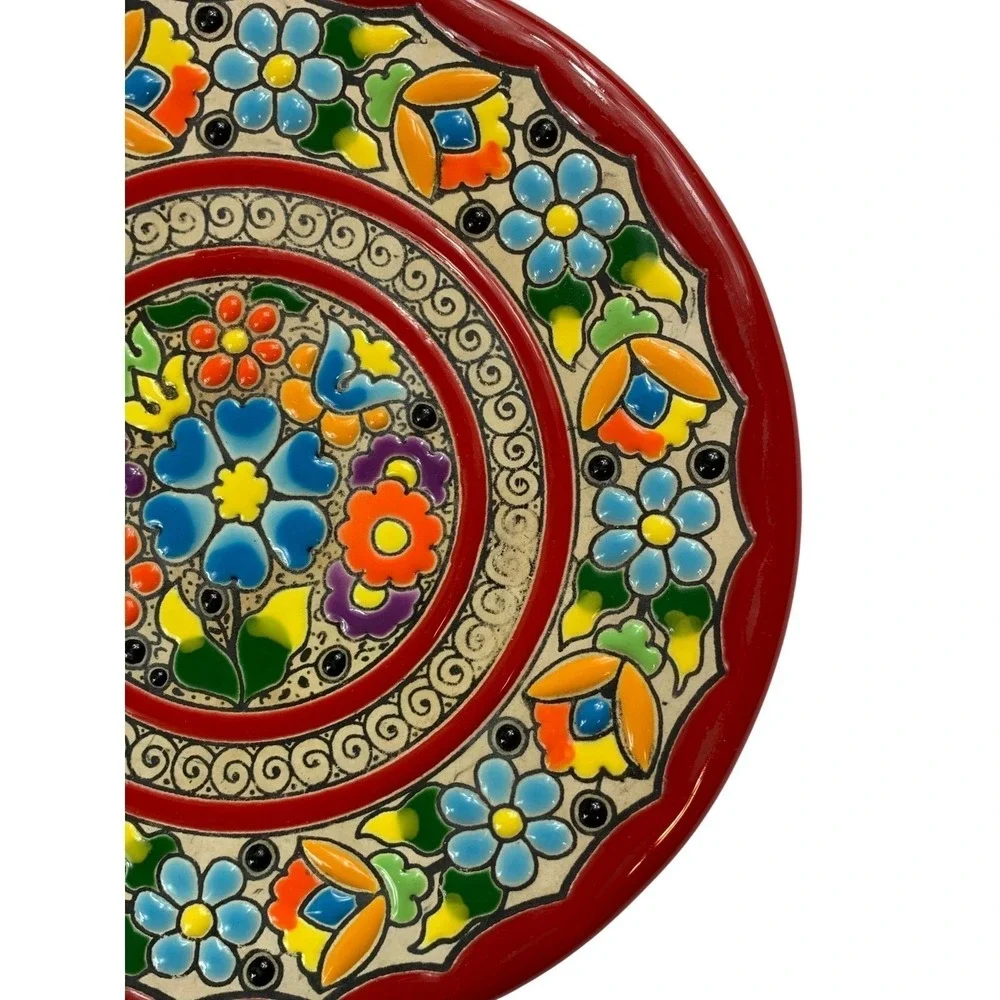 Vintage Cearco Spanish Ceramic Plate Cuerda Seca Hand Painted Floral Red